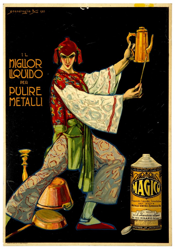 figura maschile con bacchetta magica bricco e pentole (locandina) di Scandroglio Rinaldo (sec. XX)