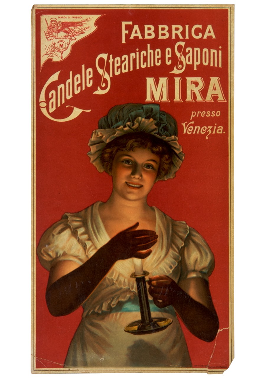 donna sorridente regge una candela e ne protegge la fiamma con la mano (locandina) - ambito tedesco (sec. XIX)