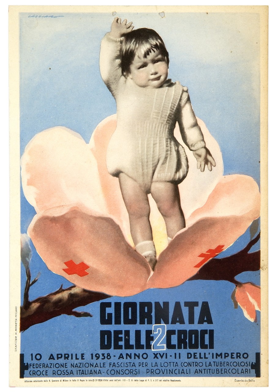 bambino dentro fiore di pesco con il braccio alzato nel saluto fascista (locandina) di Casolaro Giuseppe (sec. XX)