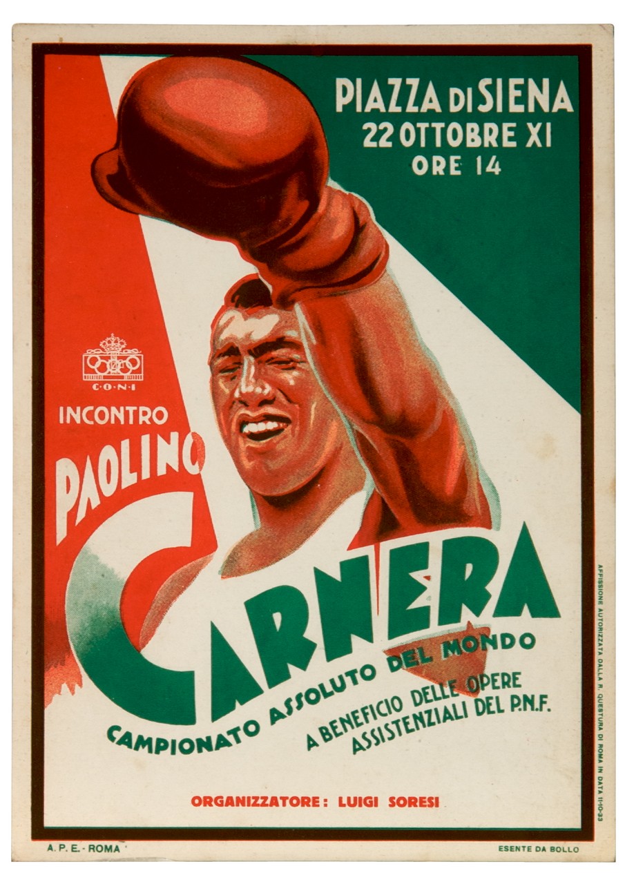 Primo Carnera sorridente alza il braccio in segno di vittoria sullo sfondo dei colori della bandiera italiana (locandina) - ambito italiano (sec. XX)