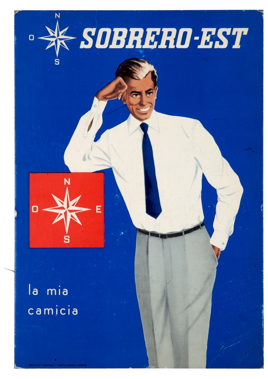 uomo in camicia appoggiato a un marchio di fabbrica (tabella) - ambito italiano (metà sec. XX)