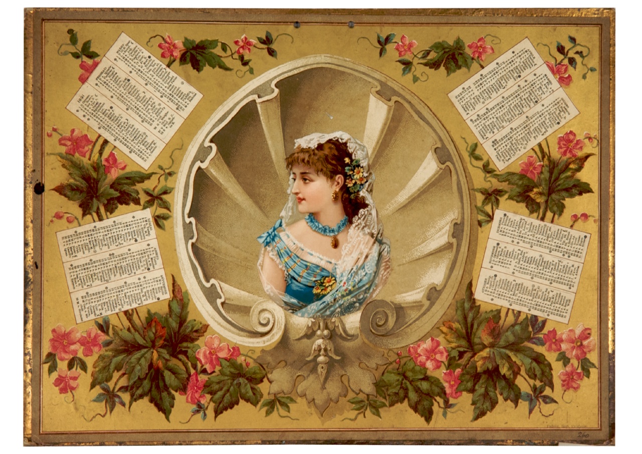 busto di donna entro nicchia a conchiglia con racemi fioriti (calendario) - ambito veneto (sec. XIX)