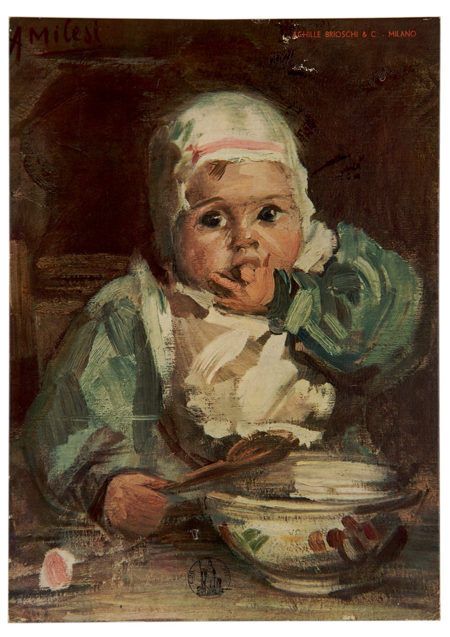 bambino con dito in bocca e cucchiaio in mano davanti a una scodella (calendario) di Milesi Alessandro (sec. XX)