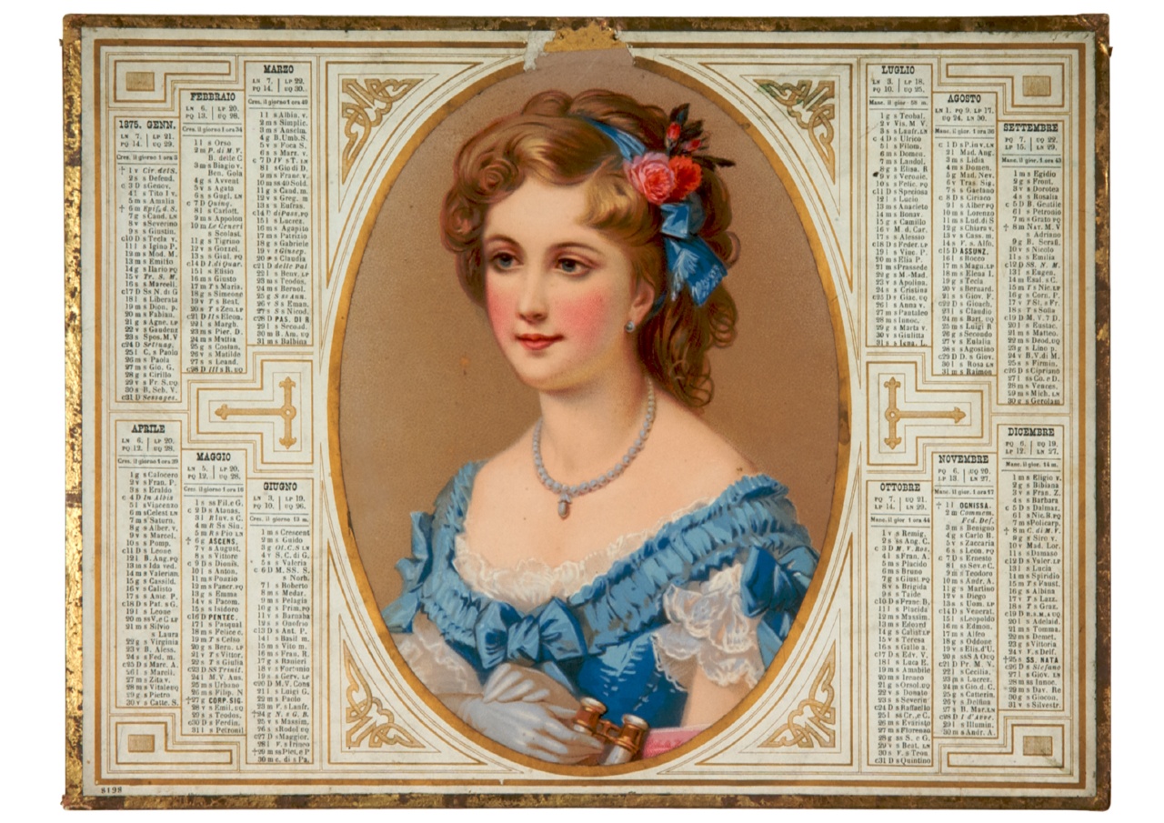 ritratto a mezzo busto di donna con binocolo (calendario) - ambito italiano (sec. XIX)