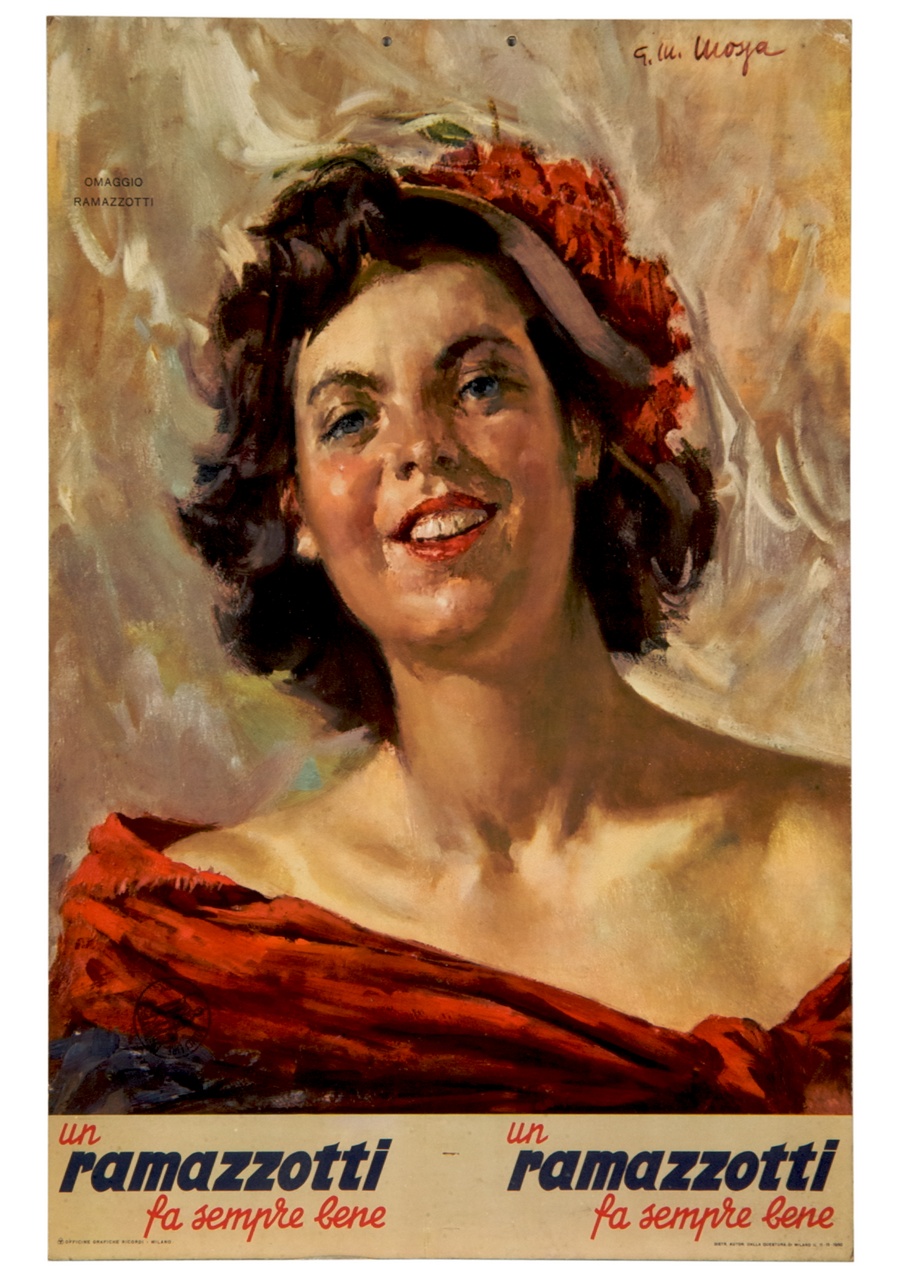 ritratto a mezzo busto di donna con fiori rossi tra i capelli (calendario) di Mossa Giovanni Maria (sec. XX)