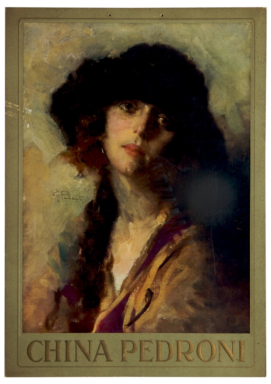 Ritratto di donna a mezzo busto con cappello nero (locandina) di Palanti Giuseppe (sec. XX)