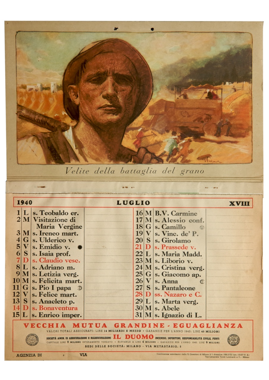 Velite della battaglia del grano, Ritratto di contadino sullo sfondo di un campo di grano (calendario) di Palanti Giuseppe (sec. XX)