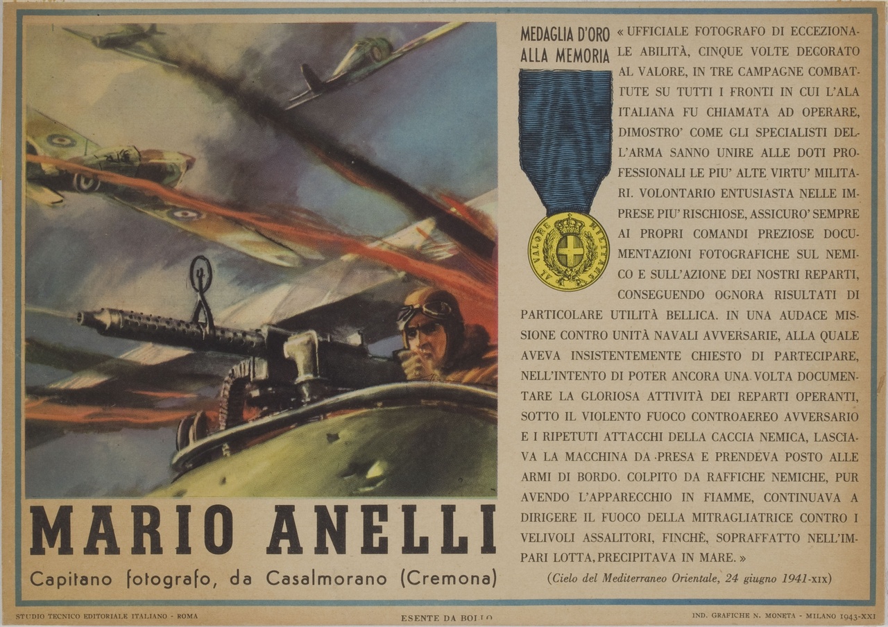 Mario Anelli continua a sparare contro gli avversari con l'aereo in fiamme (locandina) - ambito italiano (sec. XX)