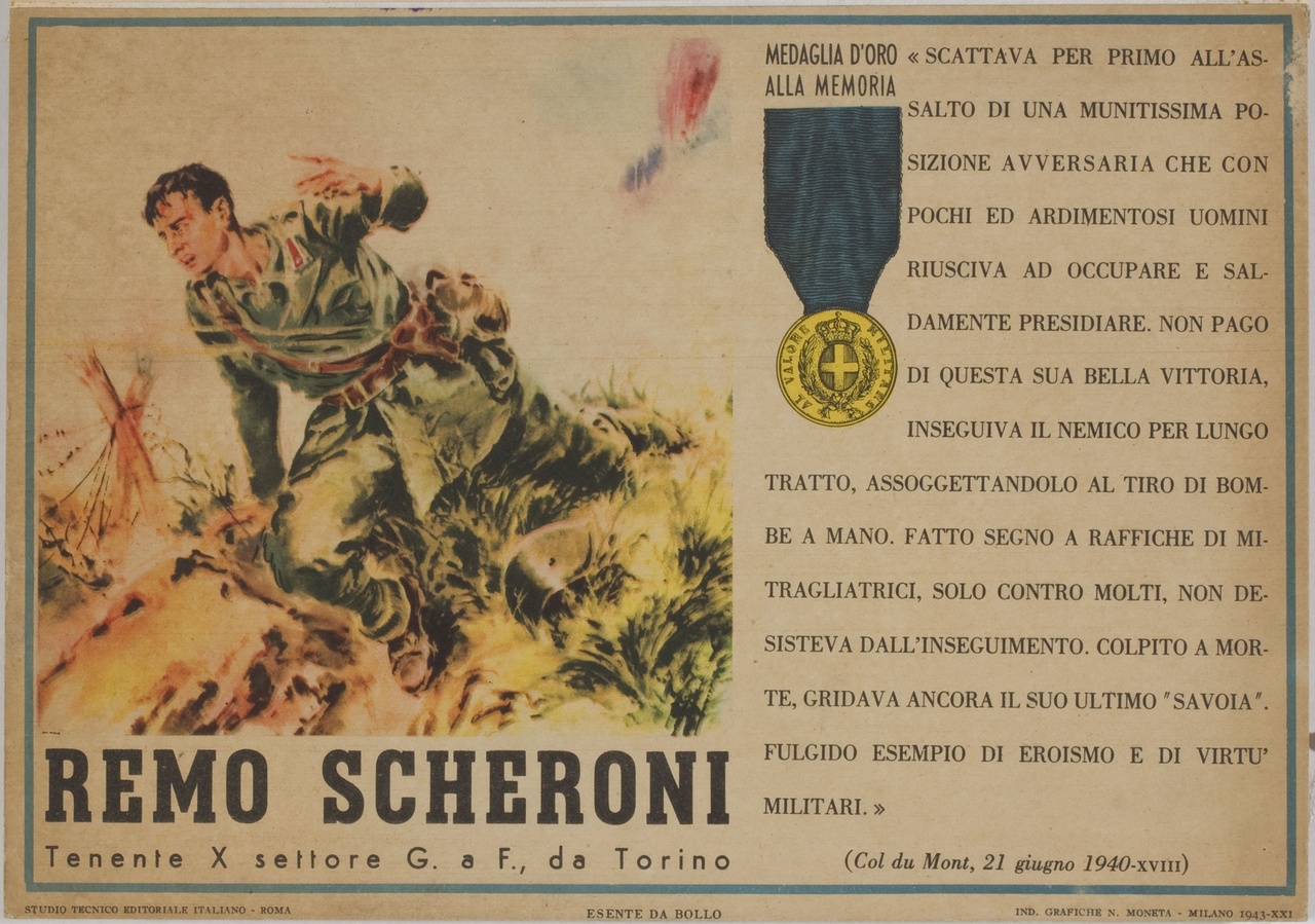 Remo Scheroni colpito a morte in battaglia inneggia ancora alla vittoria (locandina) - ambito italiano (sec. XX)