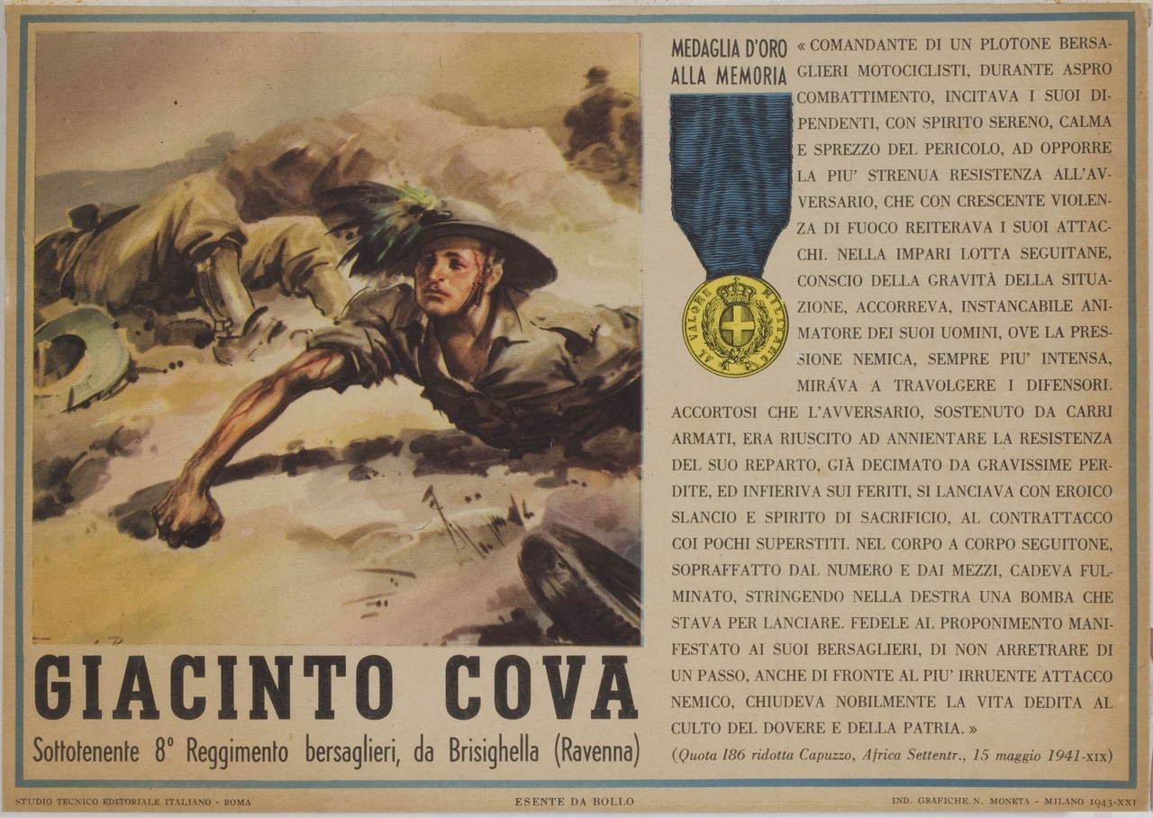Giacinto Cova muore in battaglia nell'atto di lanciare una granata (locandina) - ambito italiano (sec. XX)