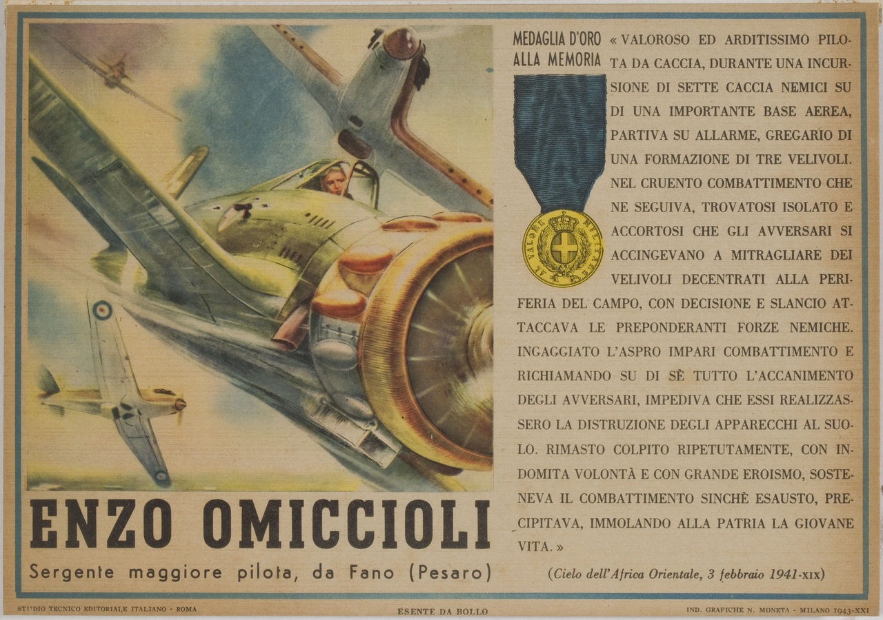 Enzo Omiccioli impedisce il bombardamento della base di Gondar convogliando su di sé gli aerei nemici (locandina) - ambito italiano (sec. XX)