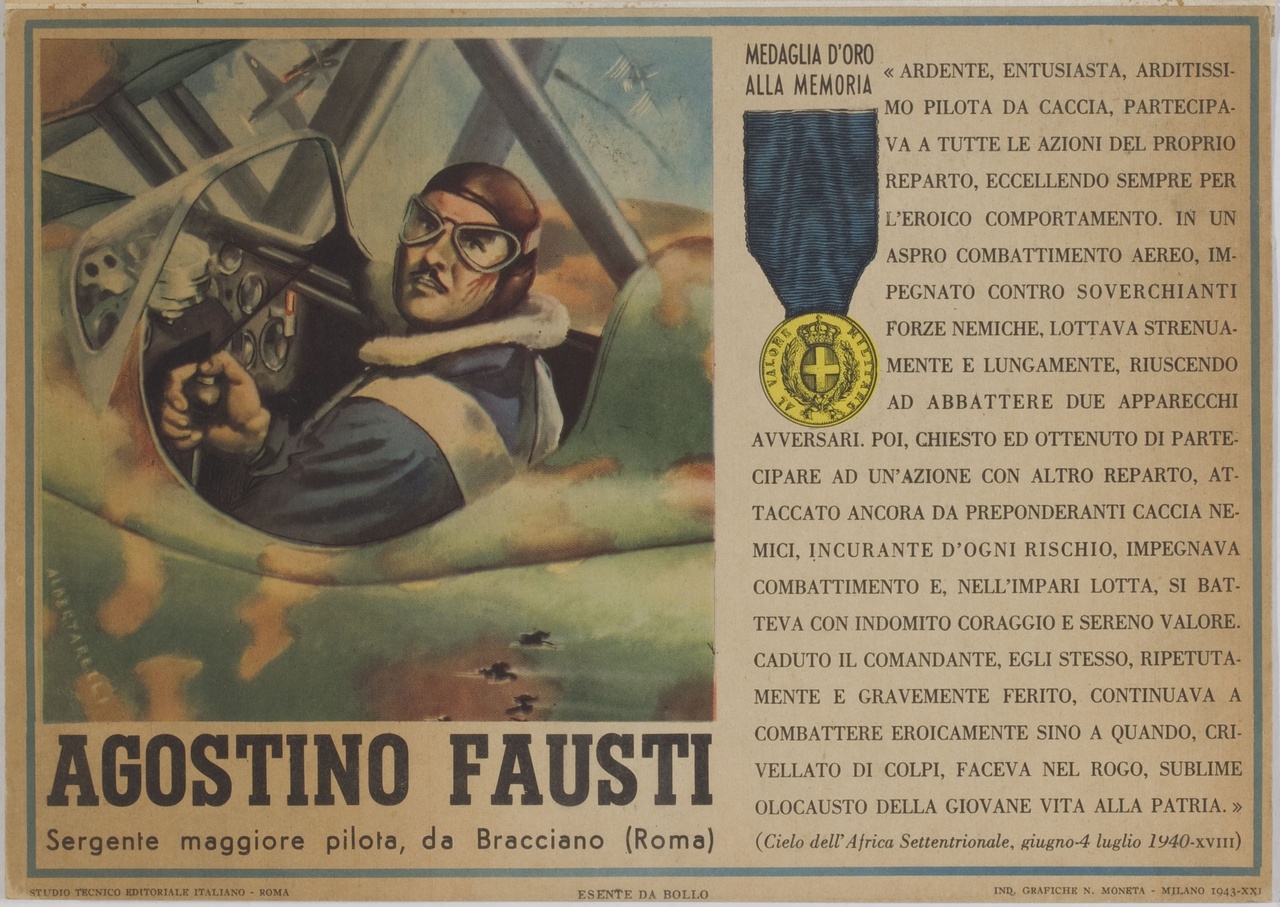 Agostino Fausti ferito pilota il suo caccia durante un combattimento aereo (locandina) di Albertarelli Rino (sec. XX)