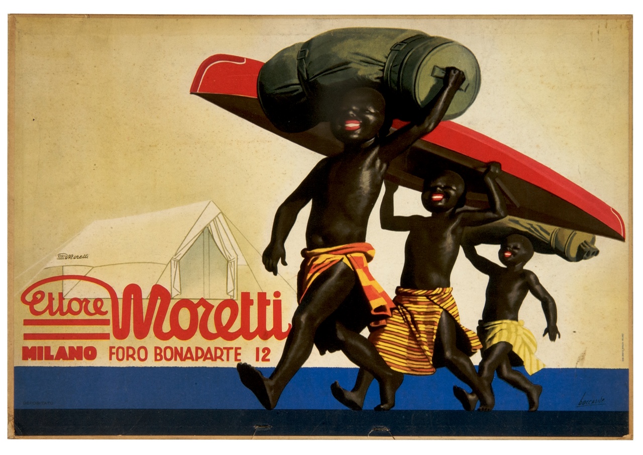 tre bambini di colore trasportano sulla testa una canoa e due tende piegate (calendario) di Boccasile Gino (sec. XX)
