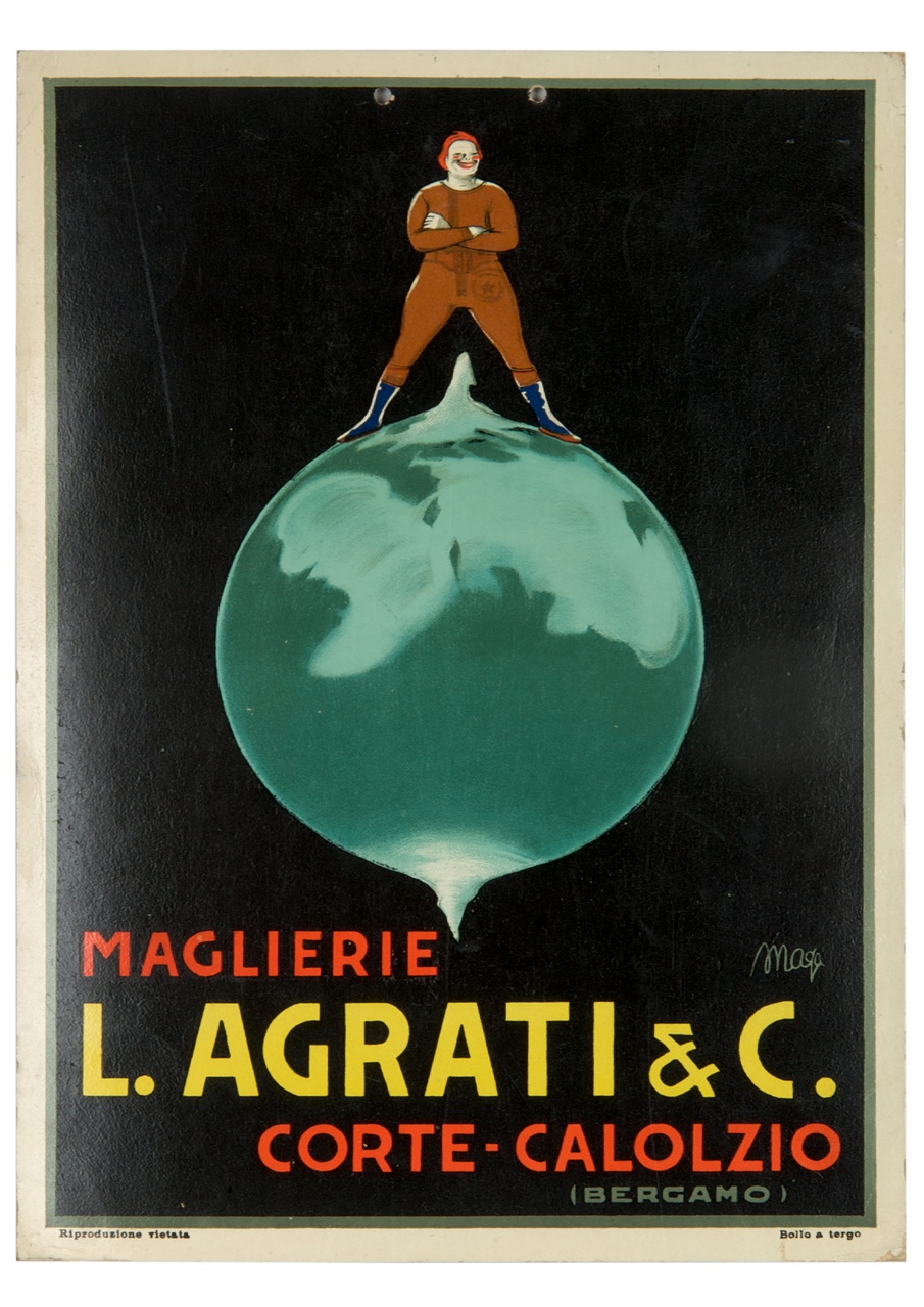figura maschile in tuta marrone e stivali in piedi sul pianeta Terra (locandina) di MAGA (sec. XX)