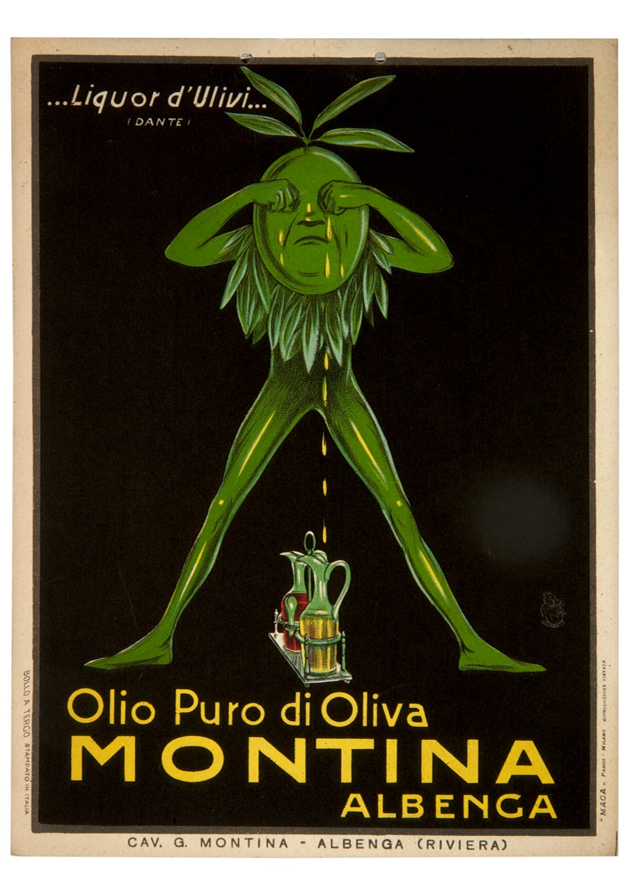 personaggio di fantasia di colore verde con testa a forma di oliva piange lacrime d'olio d'oliva (locandina) di MAGA (sec. XX)