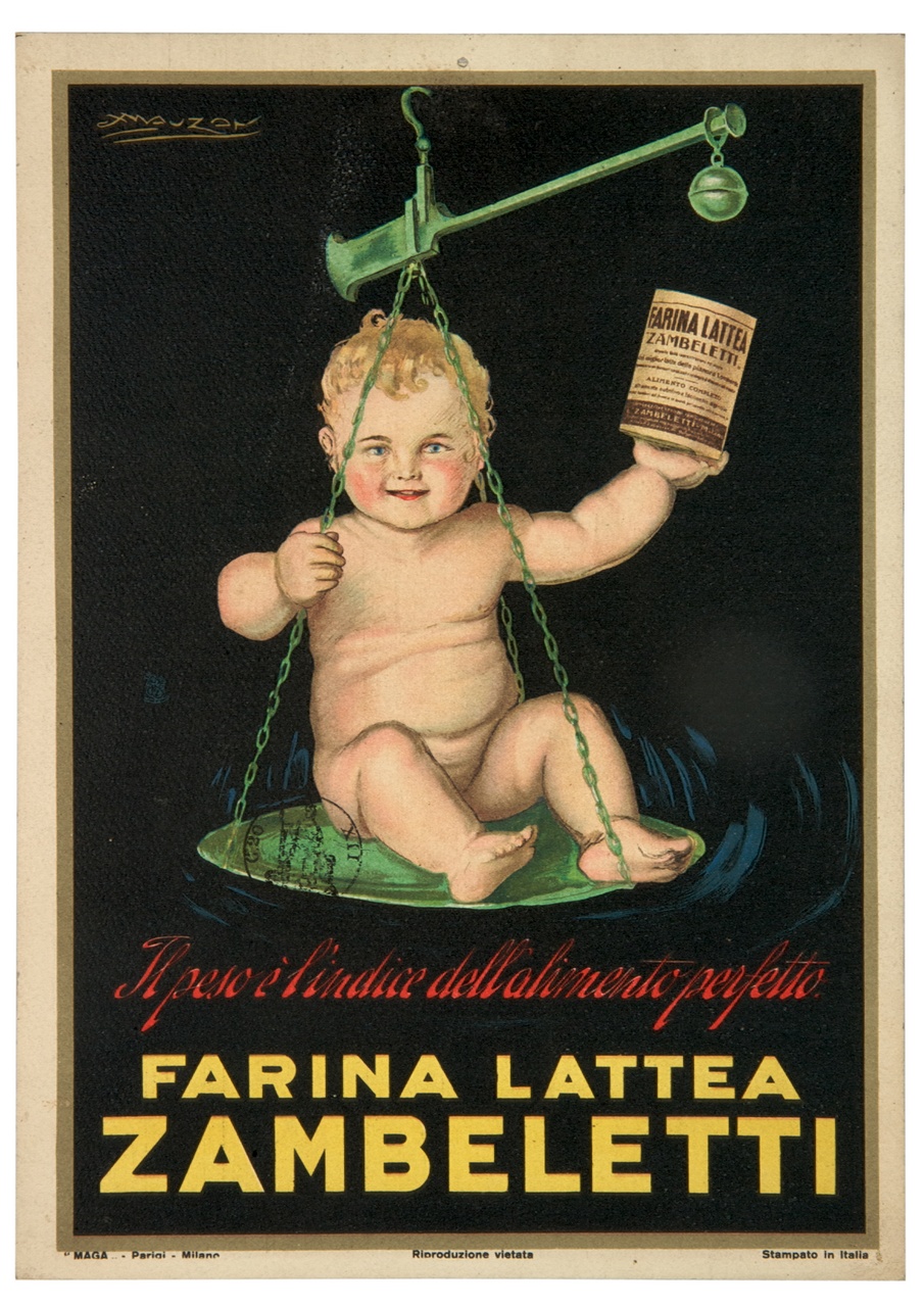 neonato sopra bilancia solleva un barattolo di farina lattea (locandina) di Mauzan Achille Luciano, MAGA (sec. XX)