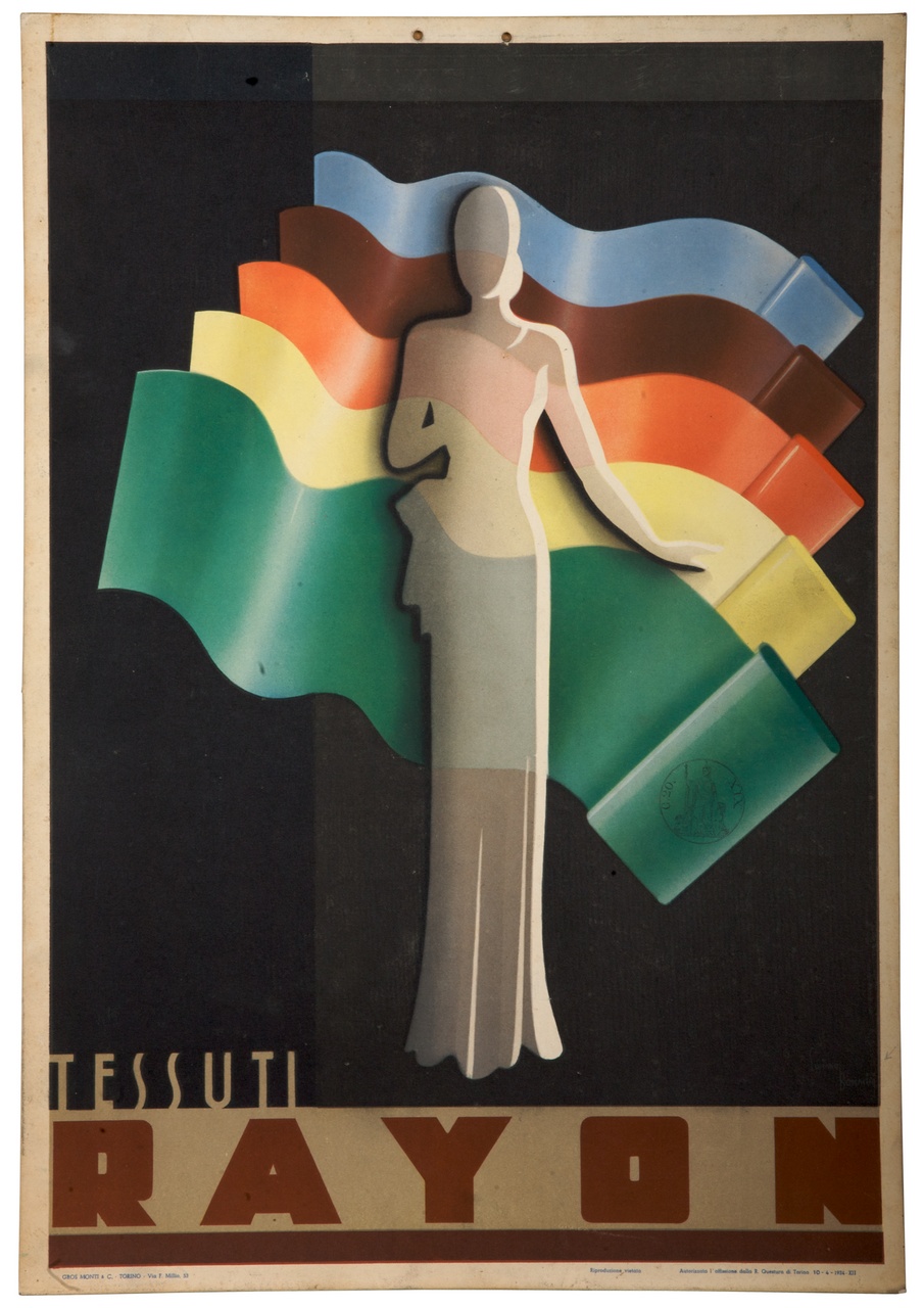 figura femminile in piedi con tessuti colorati sullo sfondo (locandina) di Bonacini Luciano (sec. XX)