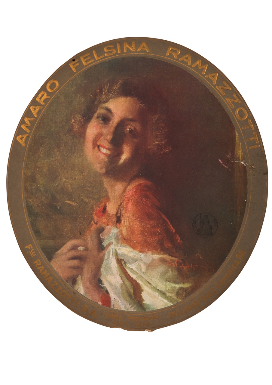 ritratto a mezzo busto di donna sorridente con scialle sulle spalle (locandina) di Palanti Giuseppe (sec. XX)