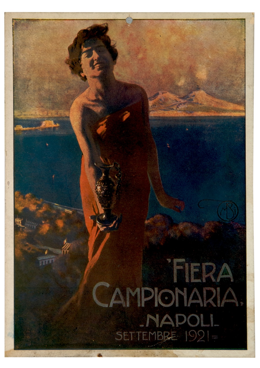 ritratto di donna in abito rosso con brocca in mano sullo sfondo del Golfo di Napoli (locandina) di Borgoni Mario (sec. XX)