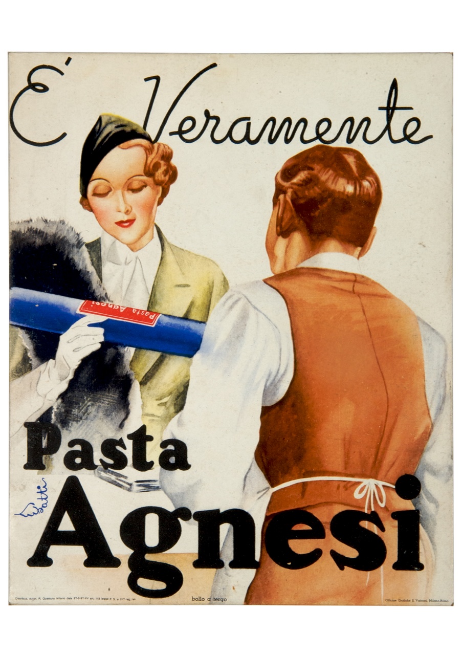 donna acquista confezione di spaghetti (locandina) di Lubatti Domenico (sec. XX)