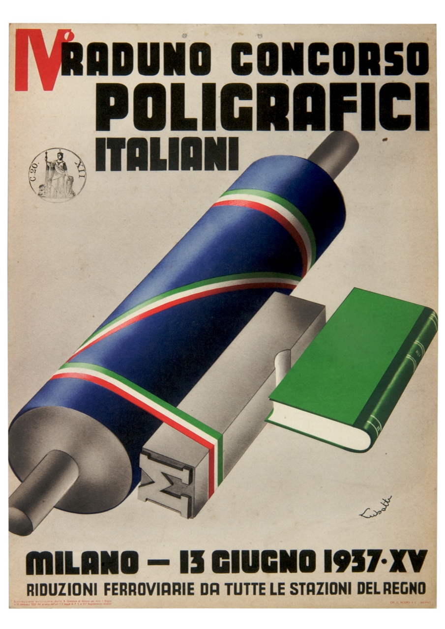 fascio littorio composto da rotativa e carattere tipografico con libro legati da un nastro tricolore (locandina) di Lubatti Domenico (sec. XX)