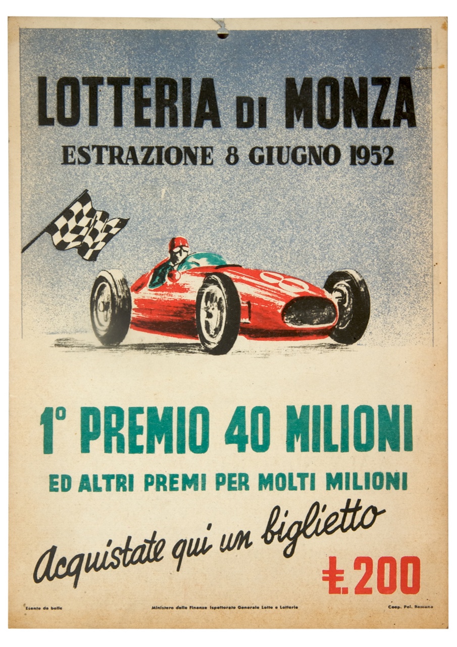 scritte attorniano un'auto da corsa rossa che taglia il traguardo (locandina) - ambito italiano (sec. XX)