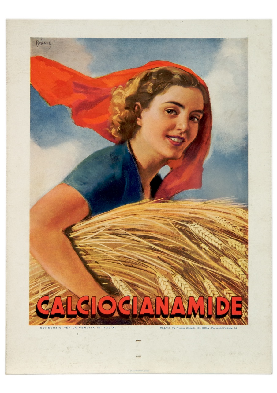 donna trasporta un fascio di grano (calendario) di Bianchi Alberto (sec. XX)