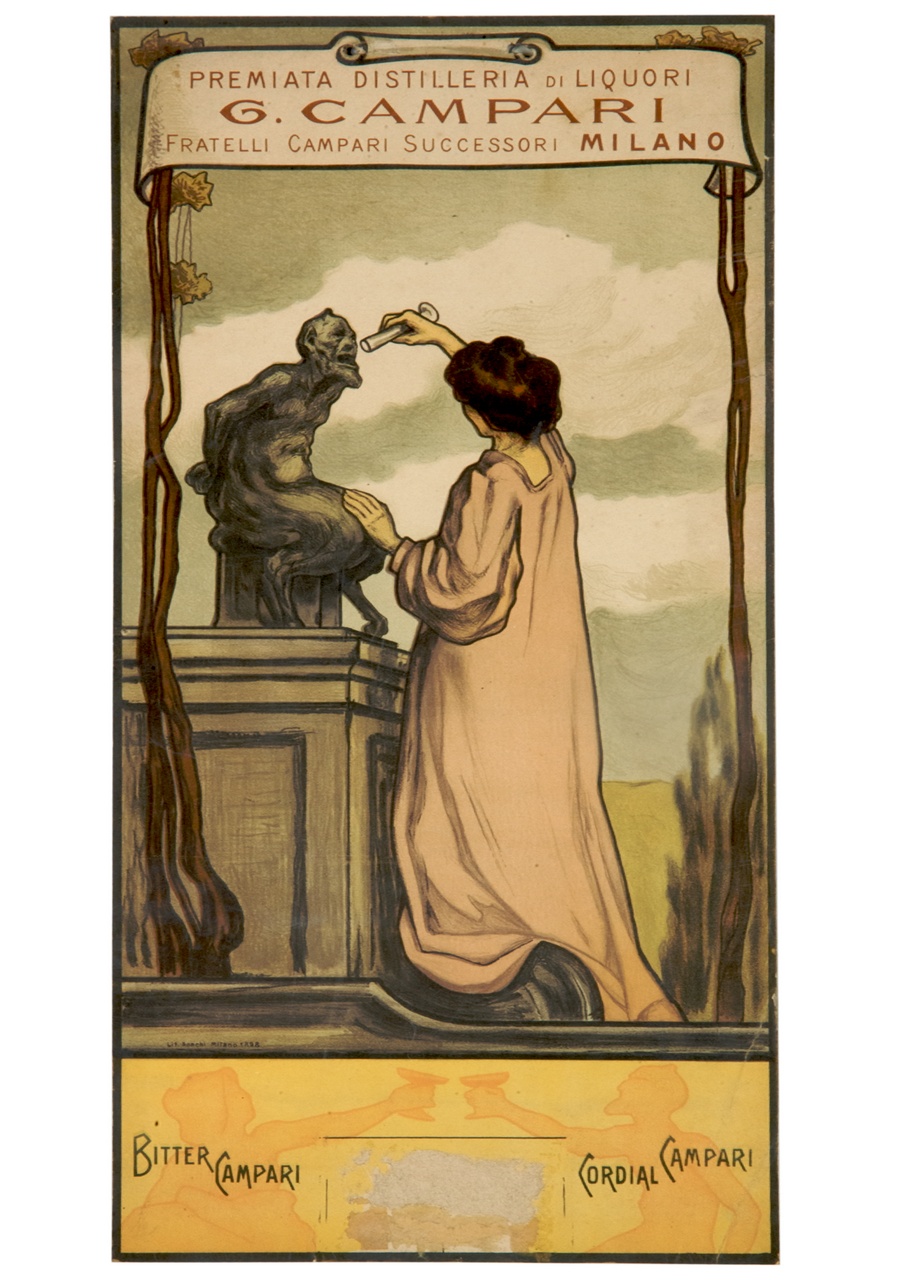 donna di spalle versa il contenuto di una fiala nella bocca di una statua di fauno (calendario) - ambito italiano (sec. XIX)
