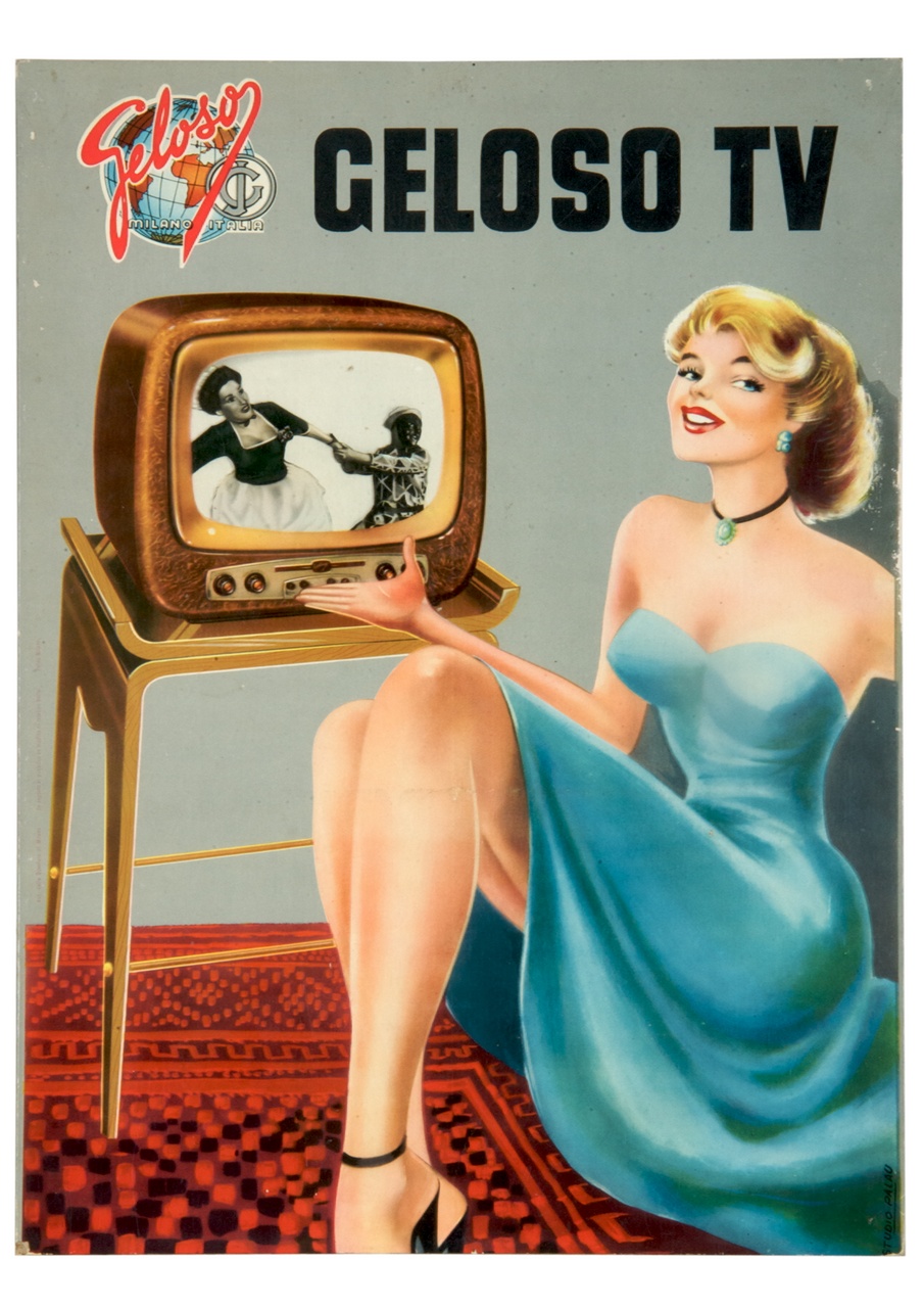 donna seduta su un tappeto mostra un televisore acceso (locandina) di Studio Palau - ambito italiano (sec. XX)