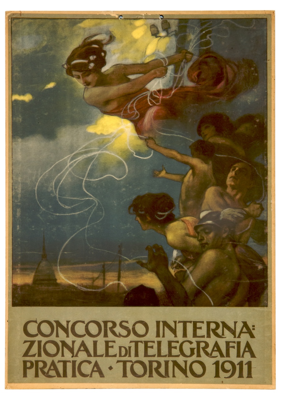 figure allegoriche e mitologiche accanto a un palo del telegrafo sullo sfondo del panorama di Torino (locandina) - ambito italiano (sec. XX)