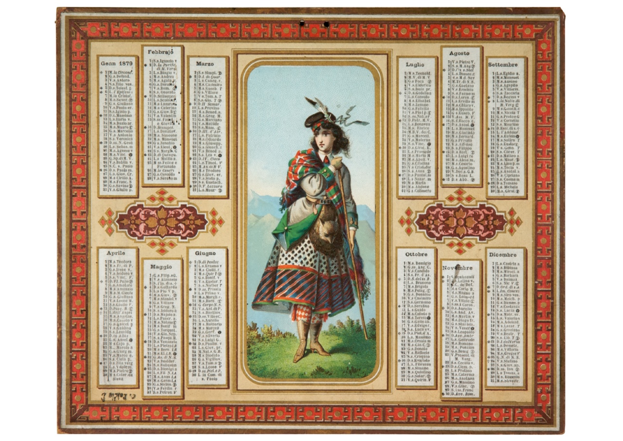 donna in abiti tradizionali scozzesi (calendario) - ambito italiano (sec. XIX)