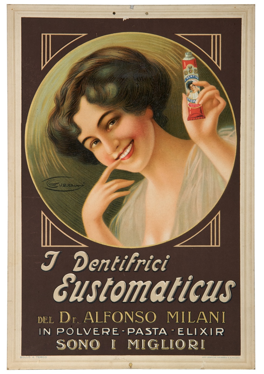 donna a mezzo busto sorridente con tubetto di dentifricio in una mano (locandina) di Guerzoni Giovanni Battista (sec. XX)