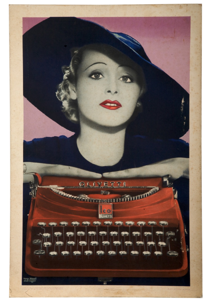 ritratto a mezzo busto di donna con cappello a tesa larga poggiata su una macchina per scrivere (locandina) di Schawinsky Alexander detto Xanti, Studio Boggeri (sec. XX)