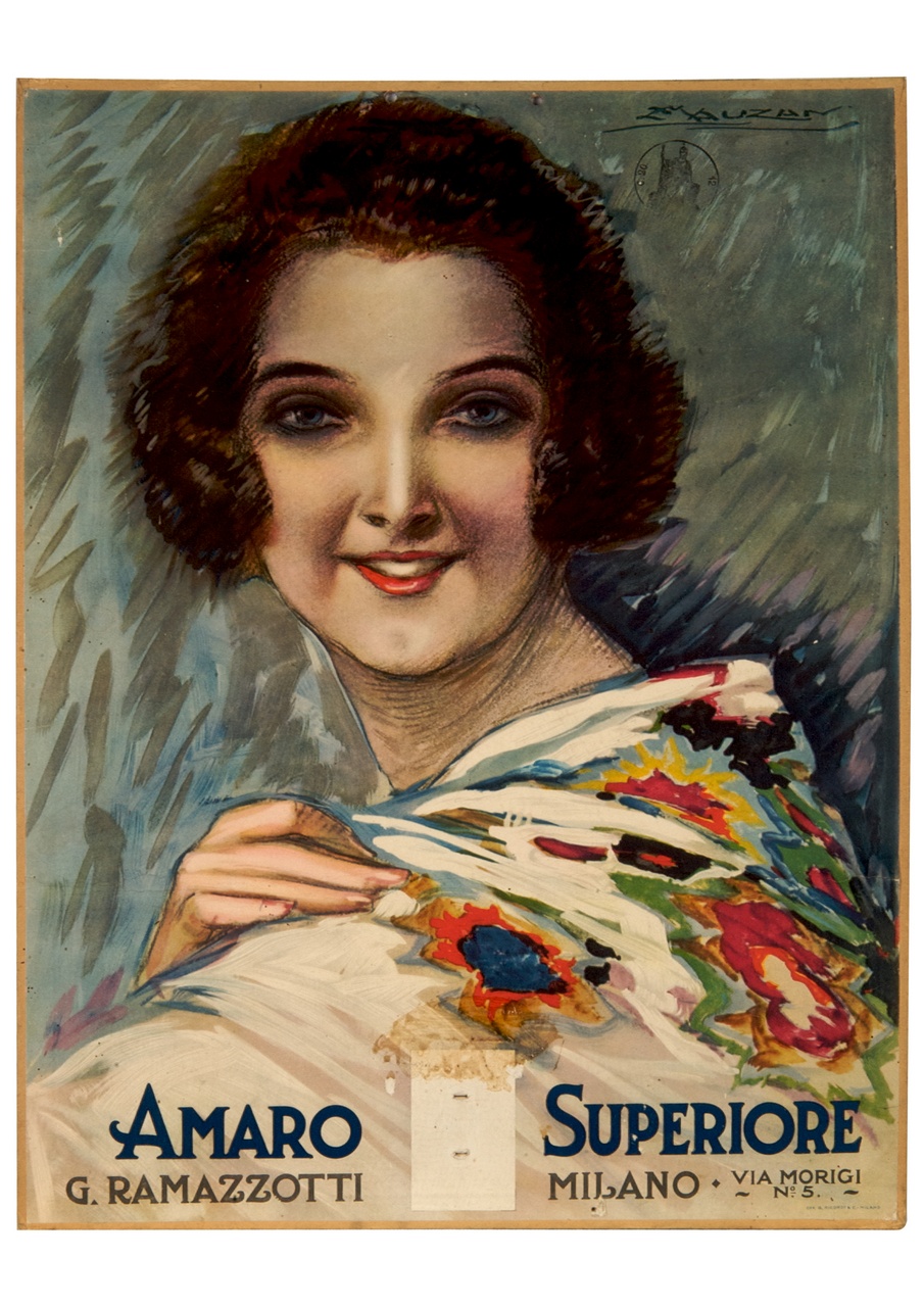 ritratto a mezzo busto di donna con foulard a fiori sulle spalle (calendario) di Mauzan Achille Luciano (sec. XX)