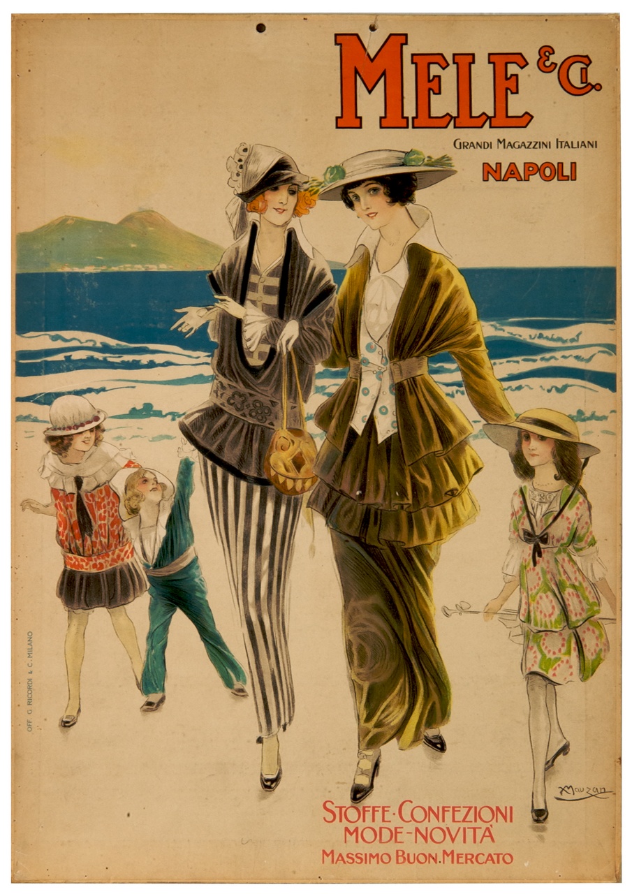 due donne elegantemente vestite a passeggio sulla spiaggia con i loro bambini (calendario) di Mauzan Achille Luciano (sec. XX)