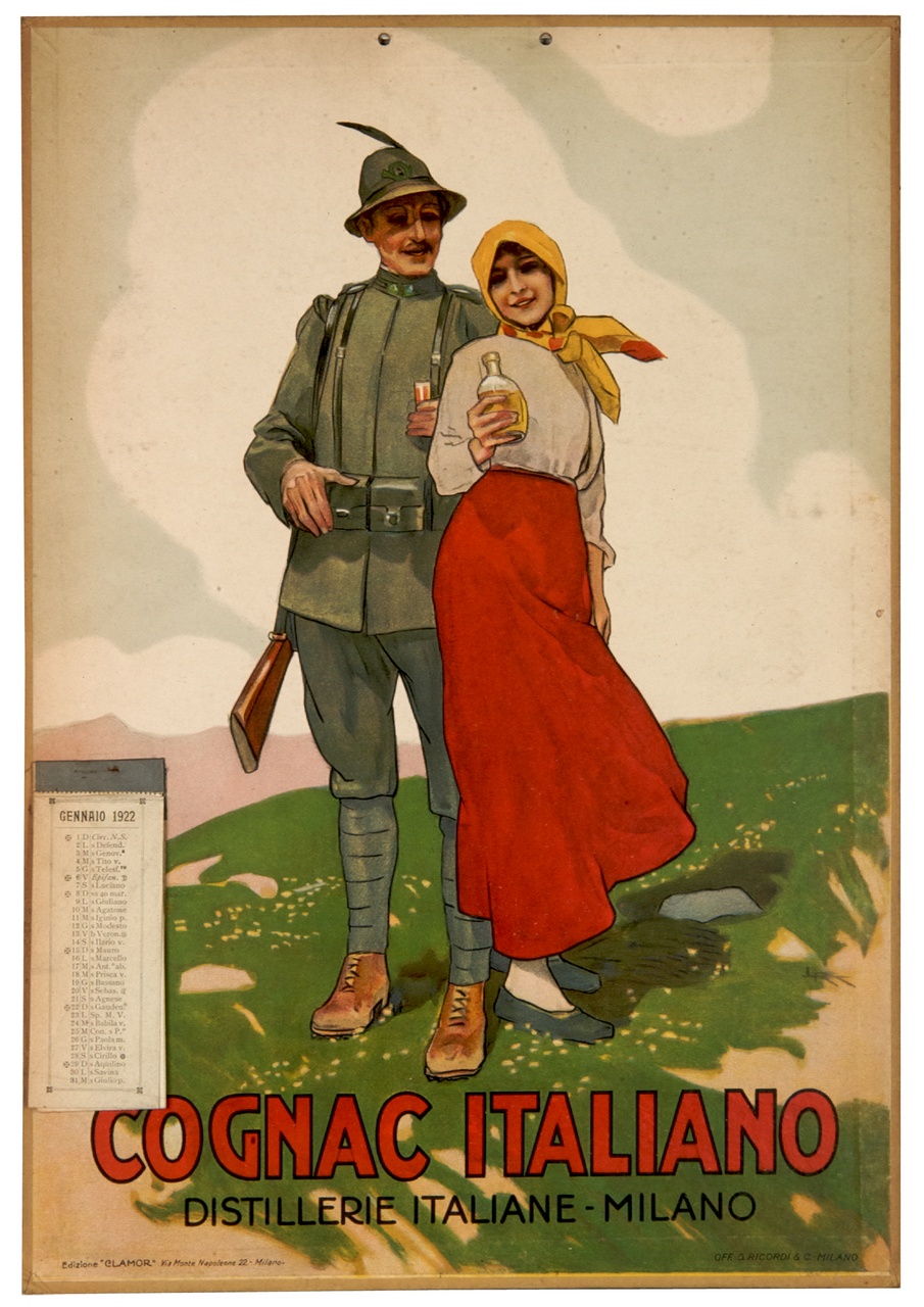 alpino e donna bevono un cognac su un prato (calendario) di Metlicovitz Leopoldo (sec. XX)