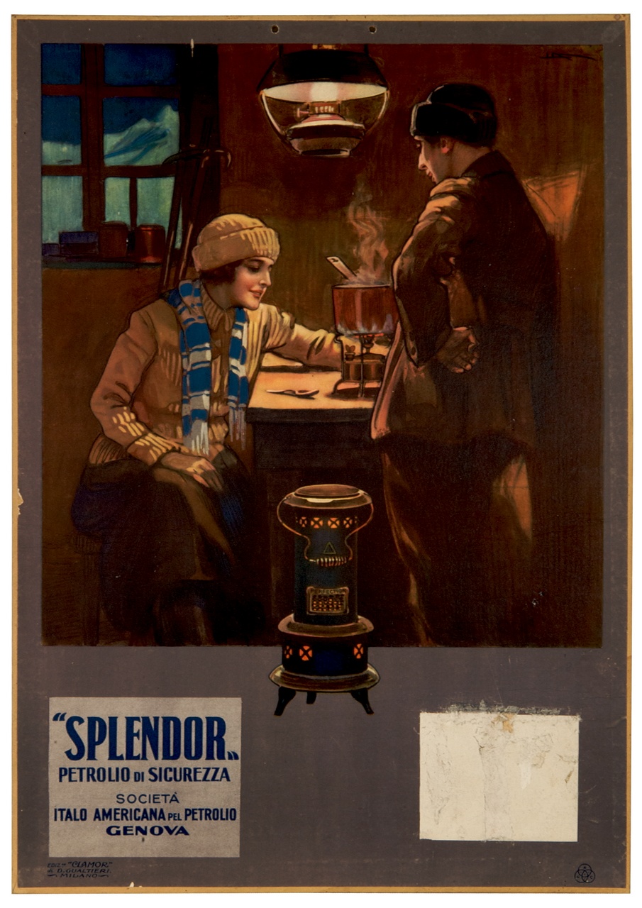 un uomo e una donna intorno ad un tavolo su cui vi è una pentola fumante su un fornelletto (calendario) di Metlicovitz Leopoldo (sec. XX)
