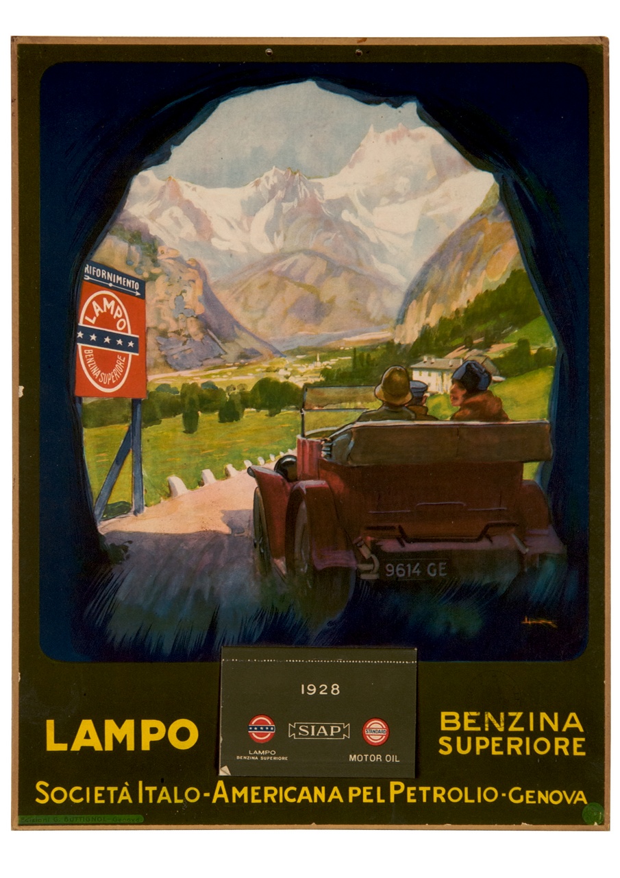 macchina percorre una strada in un paesaggio montano in direzione di un distributore di benzina (calendario) di Metlicovitz Leopoldo (sec. XX)