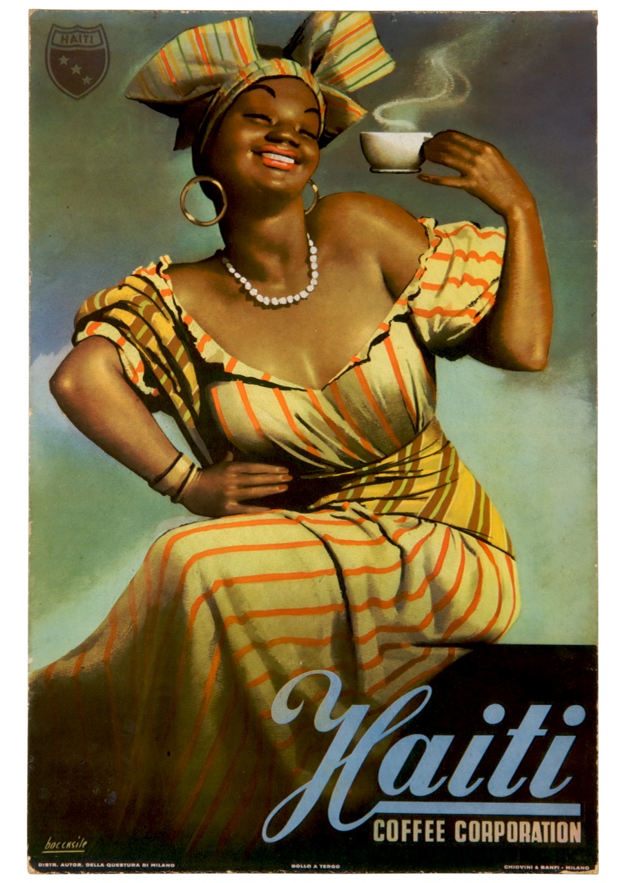 donna haitiana con tazza di caffè fumante in mano (calendario) di Boccasile Gino (sec. XX)
