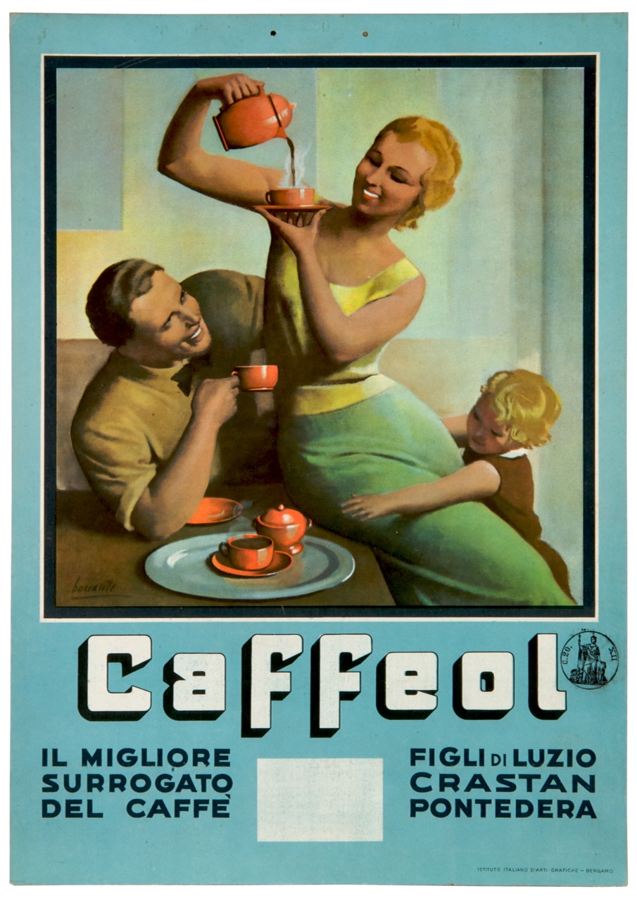donna versa caffè in tre tazze con il marito e il figlio (calendario) di Boccasile Gino (sec. XX)