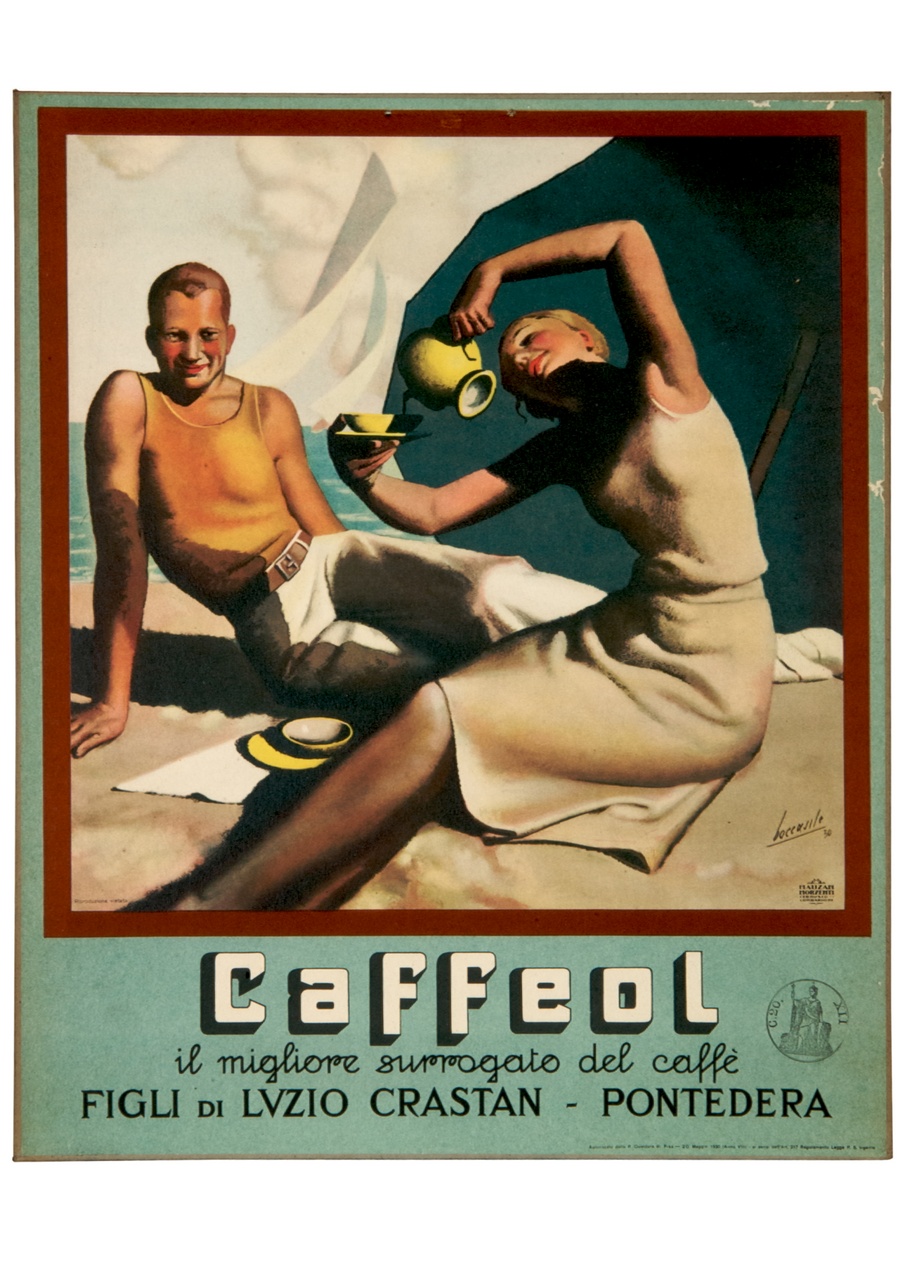donna seduta accanto ad un uomo su una spiaggia versa del caffè in una tazza (locandina) di Boccasile Gino (sec. XX)