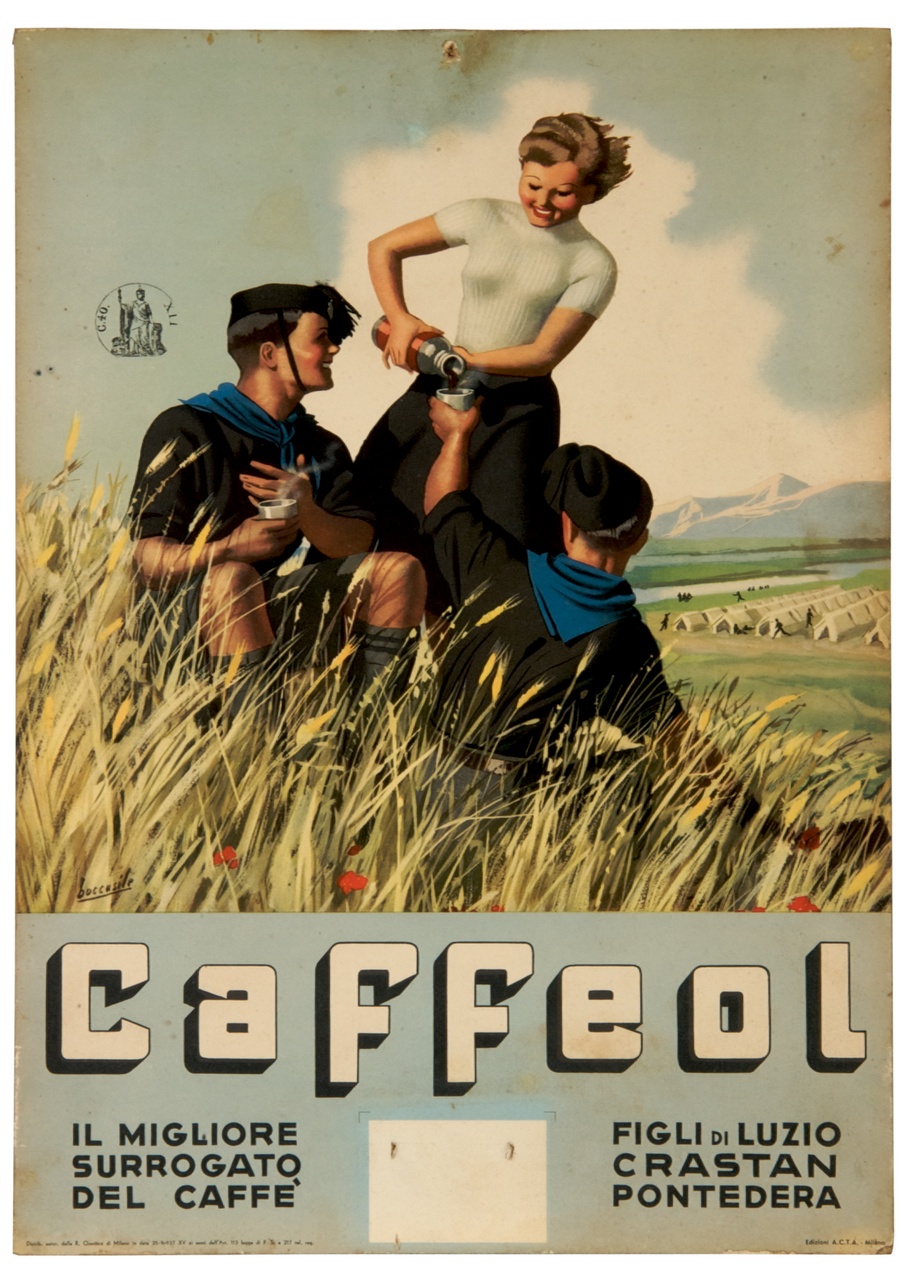 donna versa caffè a due balilla in un campo di grano (calendario) di Boccasile Gino (sec. XX)