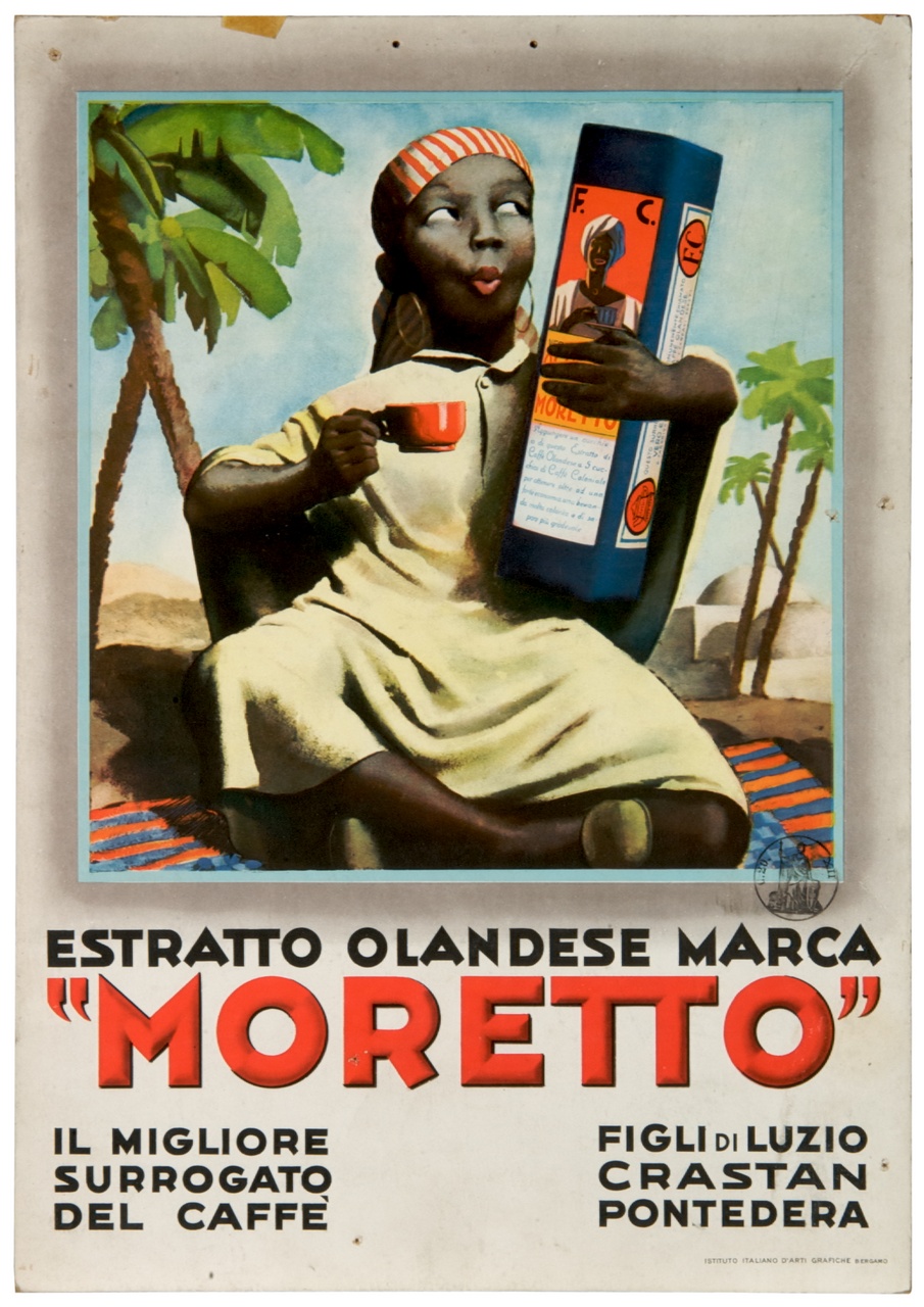 donna africana seduta con le gambe incrociate tiene in mano una tazza e stringe una confezione di Moretto (calendario) di Boccasile Gino (sec. XX)