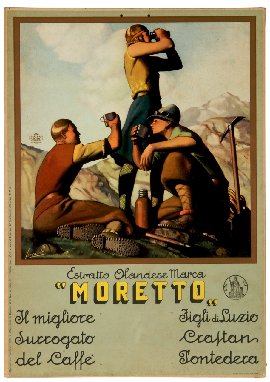 due uomini bevono caffè in montagna accanto ad una donna che guarda da un binocolo (calendario) di Boccasile Gino (sec. XX)