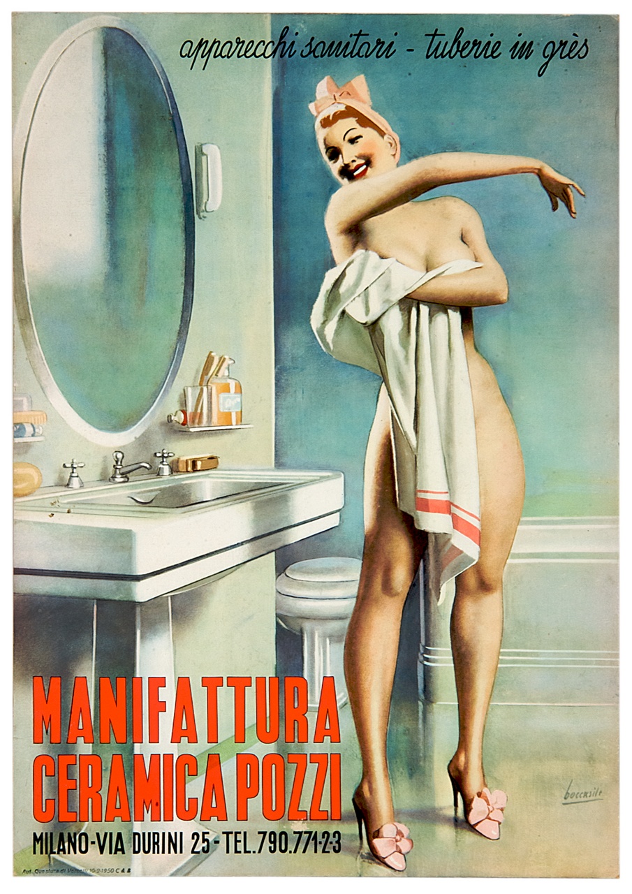 donna nuda si copre con un asciugamano in un bagno (locandina) di Boccasile Gino (sec. XX)