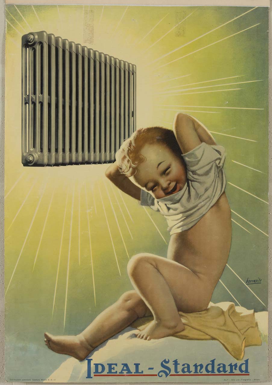 un bambino si spoglia vicino ad un calorifero (manifesto) di Boccasile Gino (sec. XX)