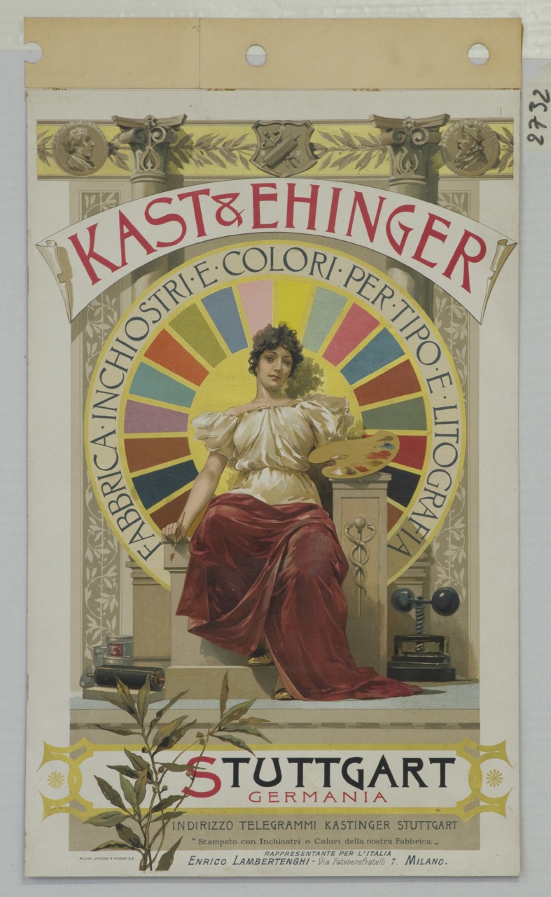donna con tavolozza e pennello seduta su un trono con schienale a ghiera raggiata con scala di colori (manifesto) - ambito italiano (secc. XIX/ XX)