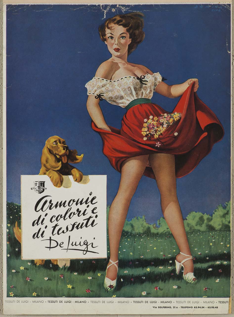 donna con cane in un prato fiorito (locandina) di Damiani Damiano (sec. XX)