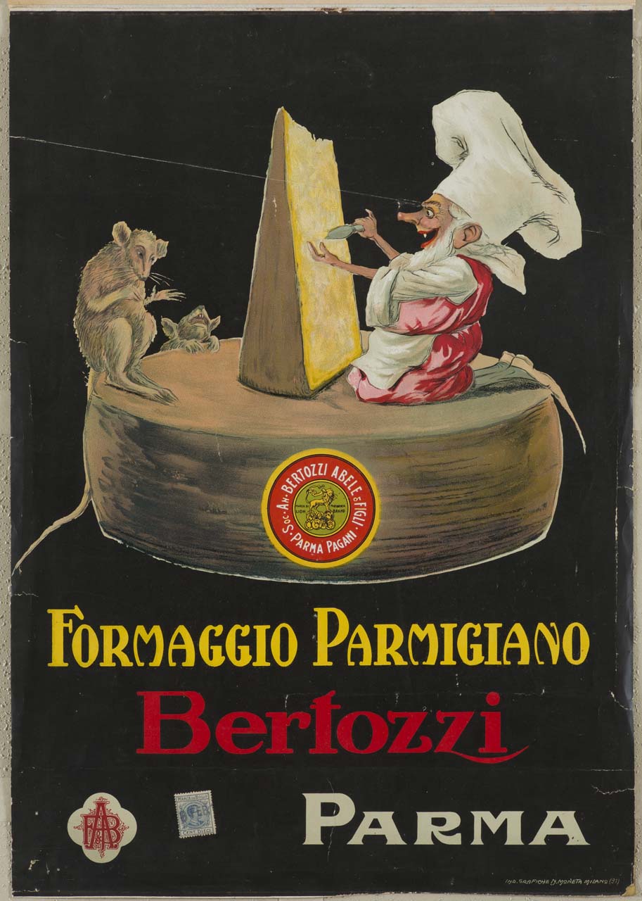 coppia di topi si arrampica su una forma intera di parmigiano dove un cuoco dai tratti animaleschi è intento a staccare scaglie da una fetta di formaggio (manifesto) - ambito lombardo (sec. XX)