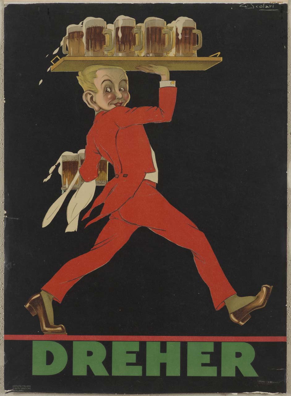 cameriere in frac rosso con vassoio e boccali di birra (manifesto) di Scolari Giovanni (sec. XX)